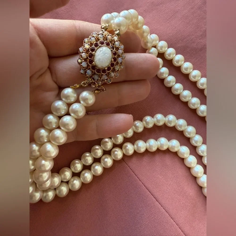 NWT 1960s Panetta Costume Jewelry Double-Stranded Glass Pearl Necklace
